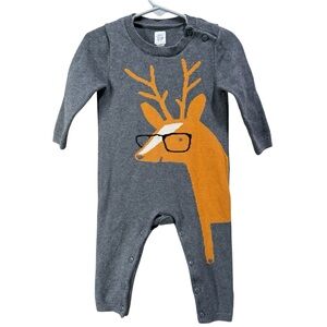 Baby Gap Sweater Knit Romper 12–18 Months Gray Deer with Glasses Holiday Outfit